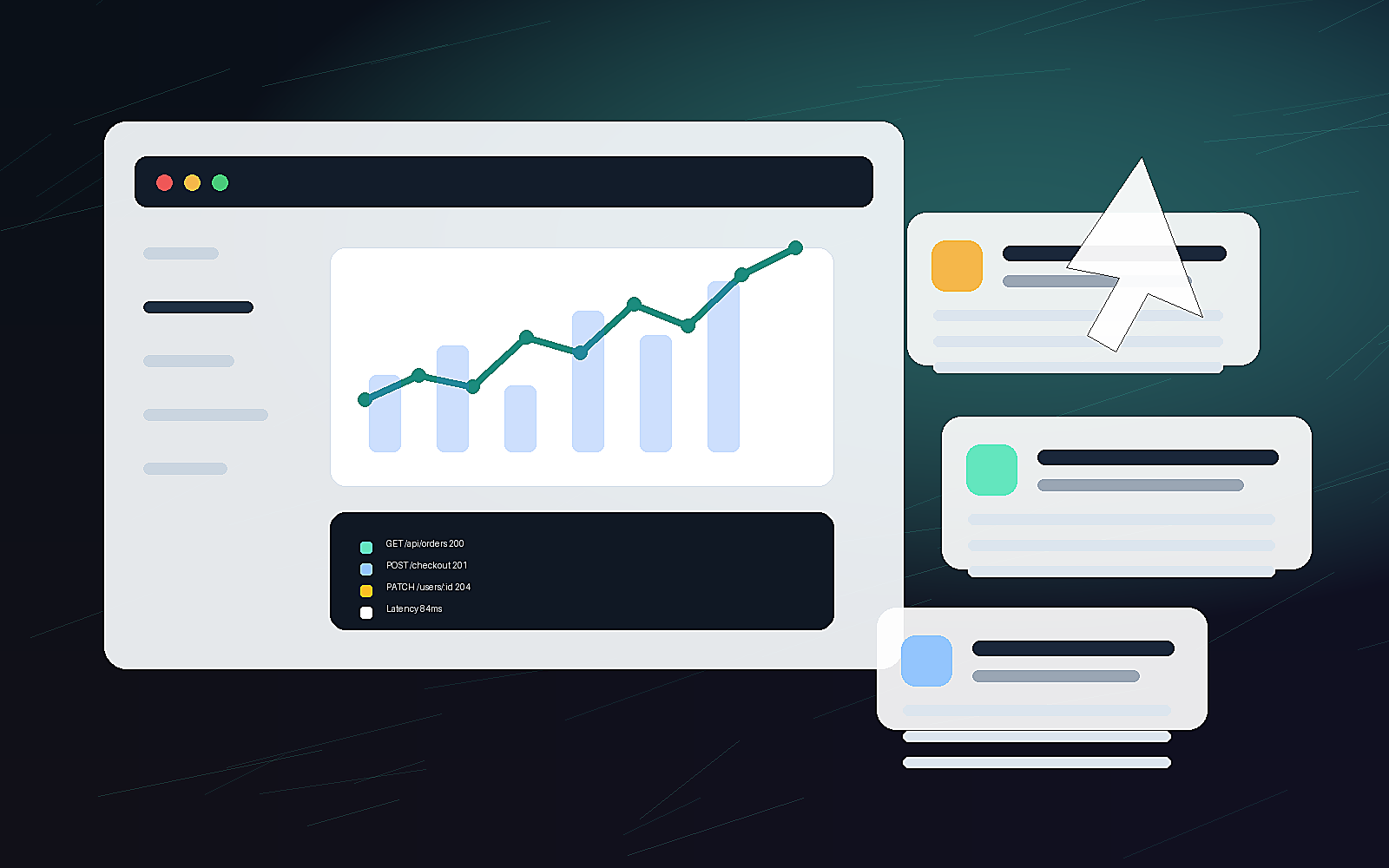 Interfaz de desarrollo web con metricas, APIs y paneles de aplicaciones